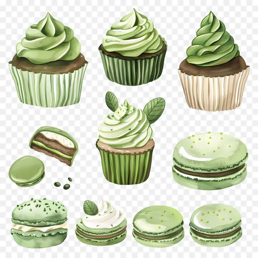 Sobremesas Matchá，Cupcakes E Macarons Verdes PNG