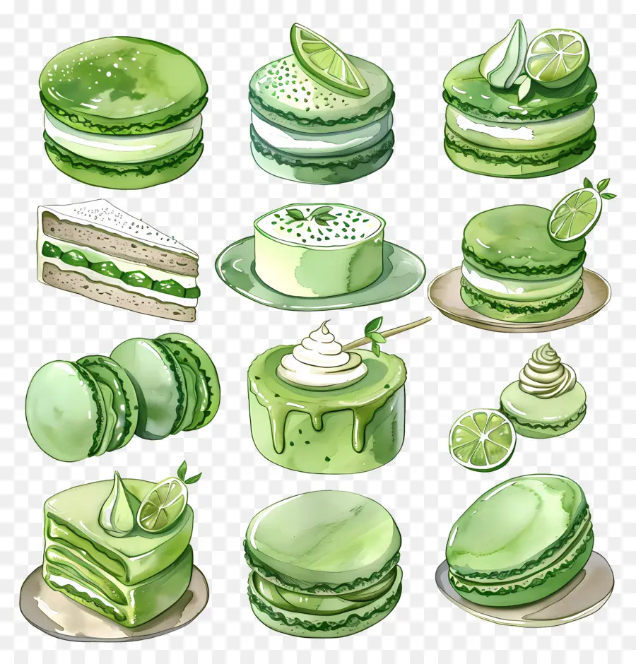 Sobremesas Matchá，Macarons Verdes E Limão PNG