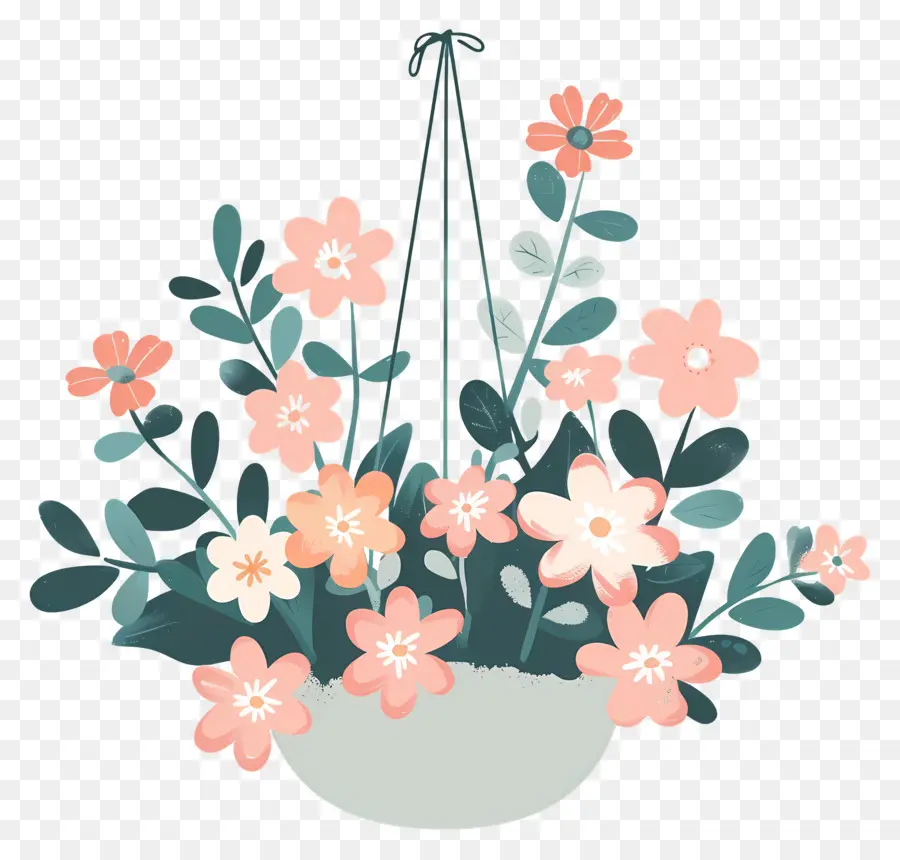 Flores Penduradas，Cesta Suspensa Com Flores Coloridas PNG