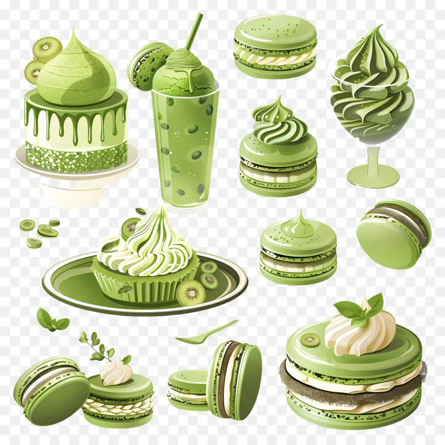 Sobremesas Matchá，Macarons Verdes E Bolo PNG