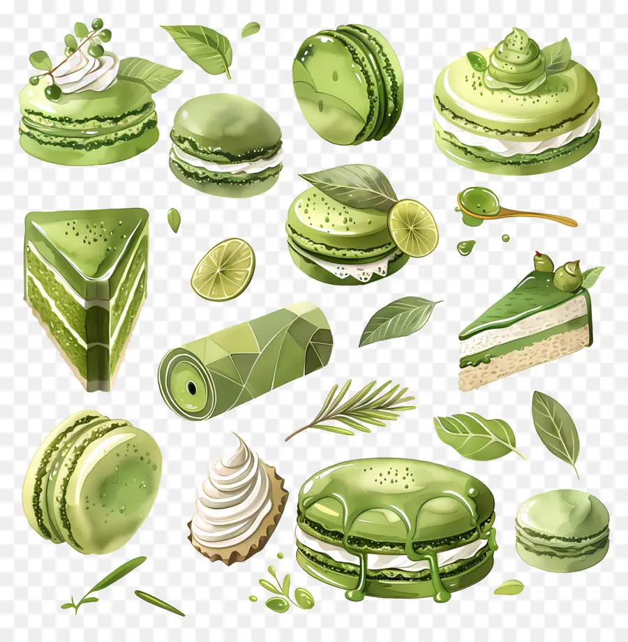 Sobremesas Matchá，Macarons Verdes E Limão PNG