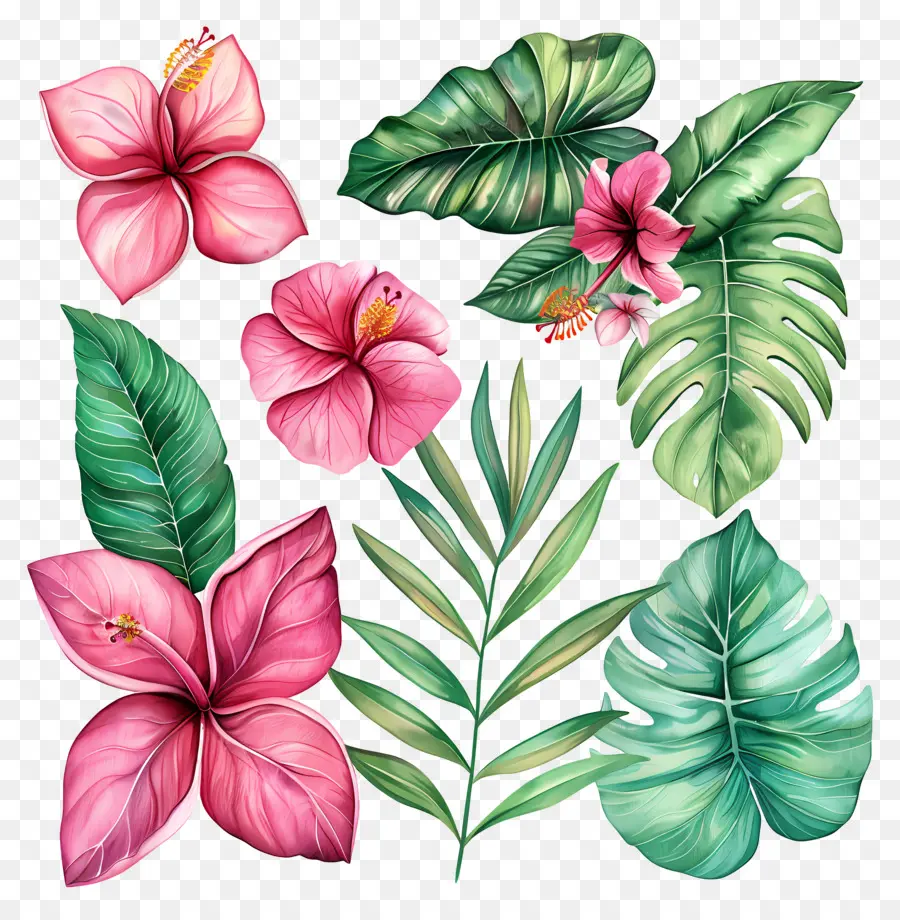 Flores Tropicais，Flores E Folhas Tropicais PNG