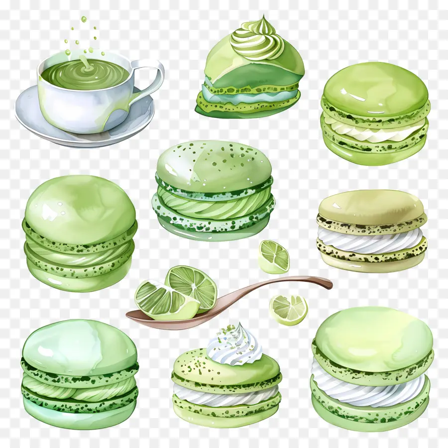 Sobremesas Matchá，Macarons Verdes E Limão PNG