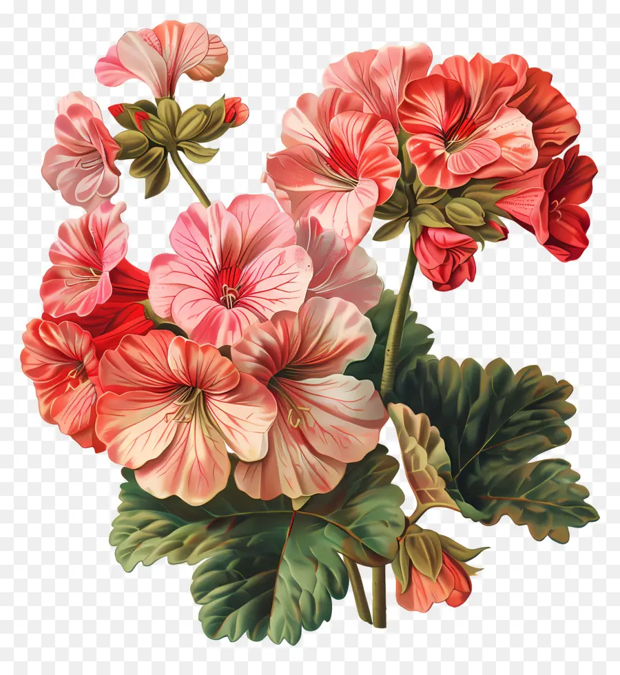 Flores Vintage，Gerânios Vermelhos E Rosa PNG