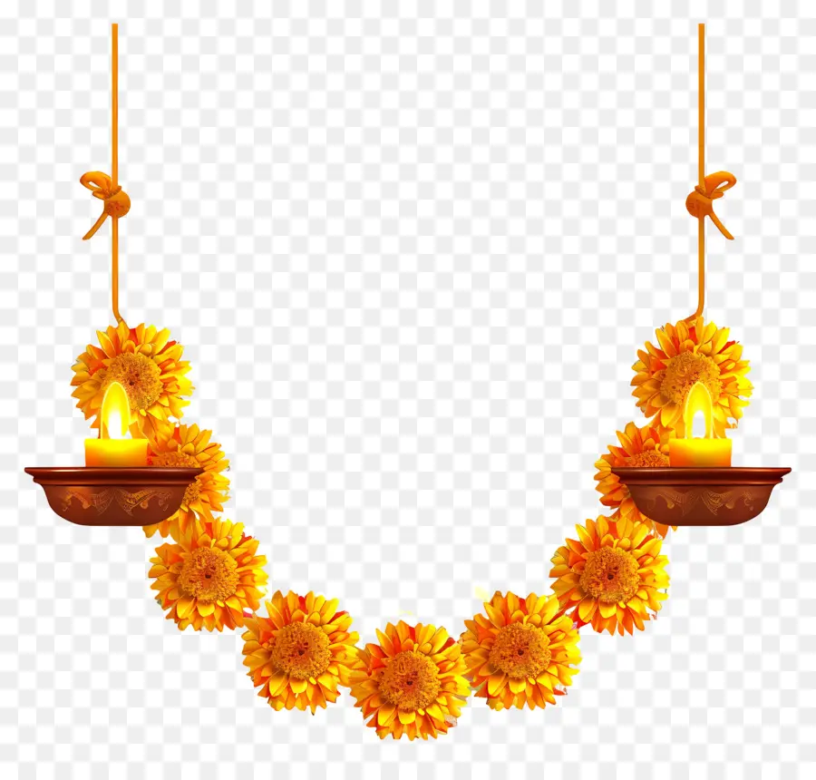 Guirlanda De Calêndula Diwali，Guirlanda Floral Com Velas PNG