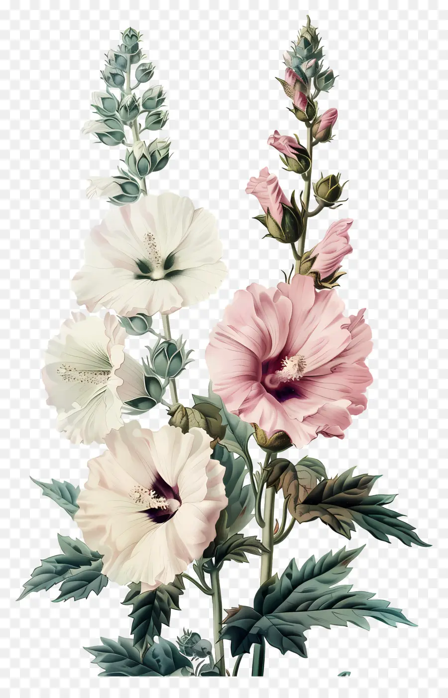 Flores Vintage，Malvas Rosa Brancas E Rosa PNG