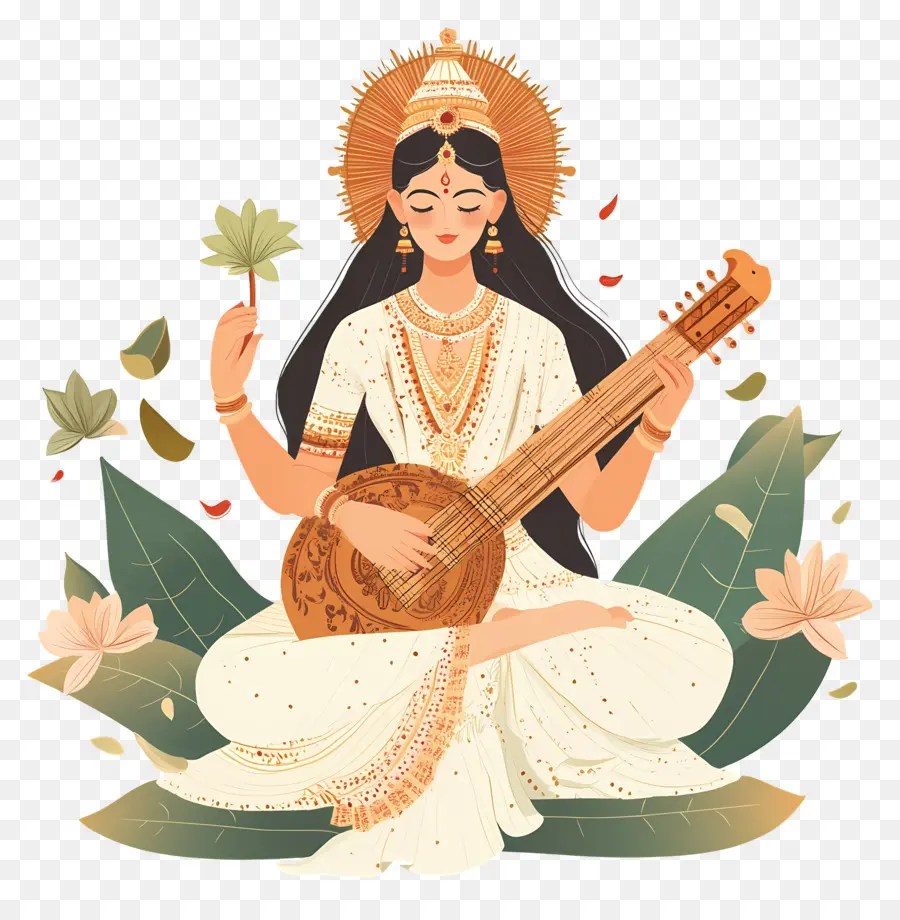 Saraswati，Deusa Com Instrumento PNG