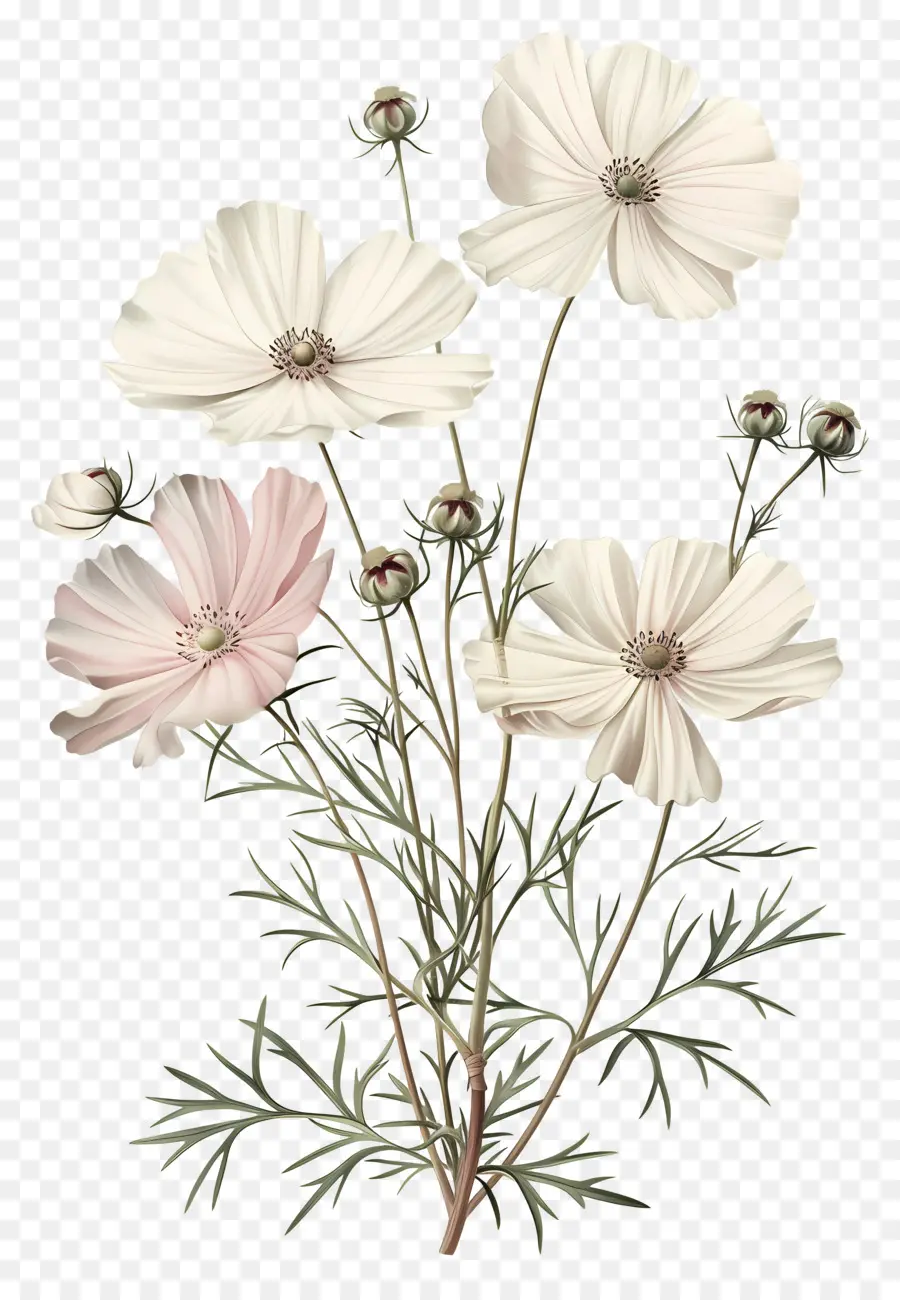 Flores Vintage，Cosmos Branco E Rosa PNG