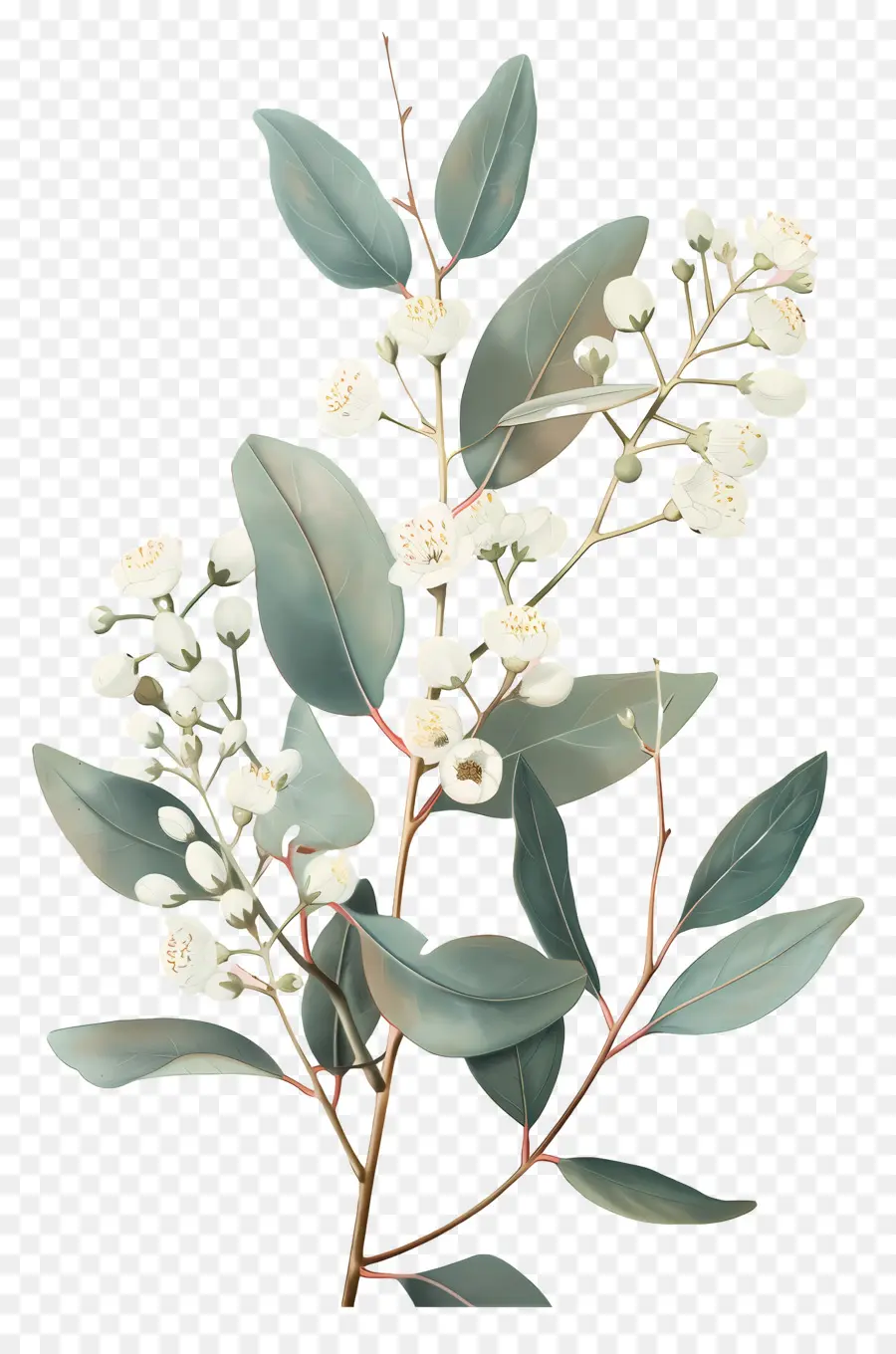 Ramo De Eucalipto，Folhas Verdes Com Flores Brancas PNG