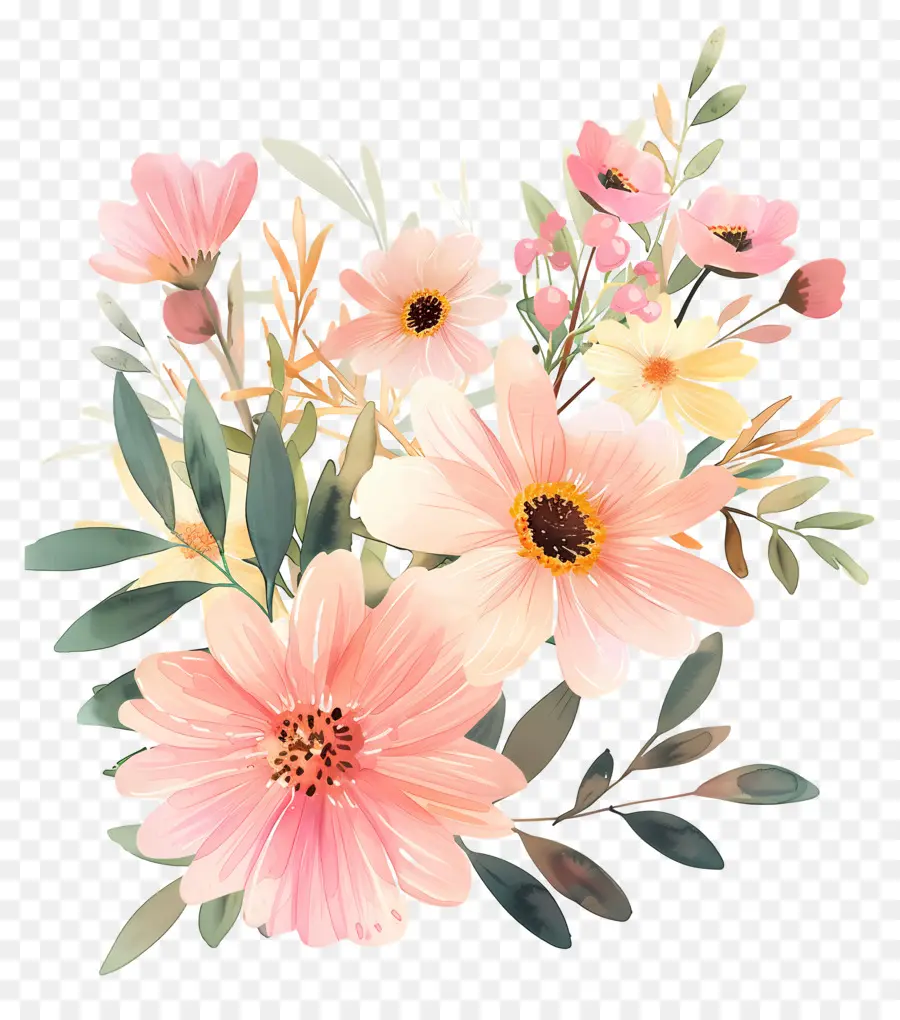 Flores Em Aquarela，Flores Amarelas E Brancas PNG