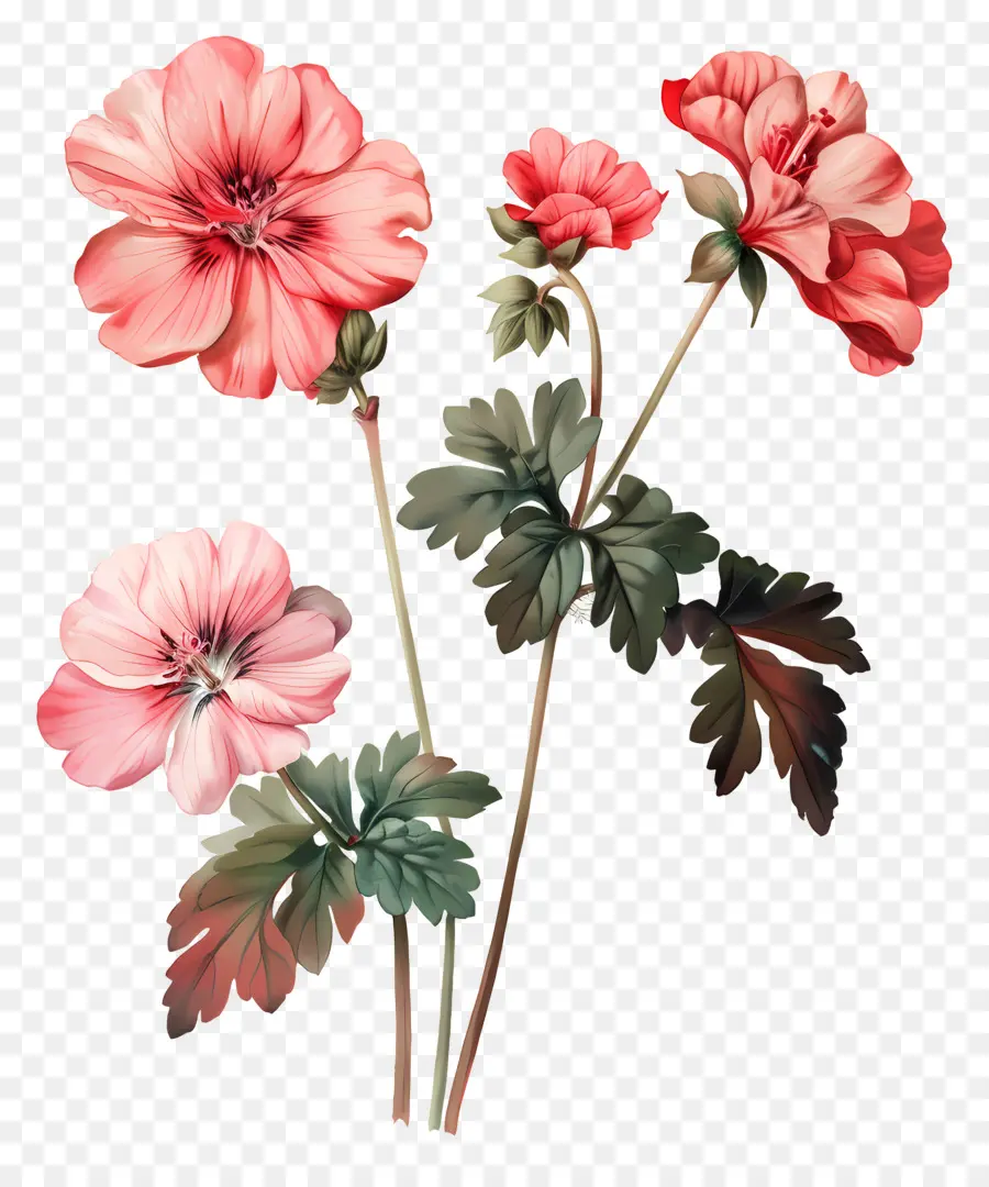 Flores Vintage，Gerânios Vermelhos E Rosa PNG