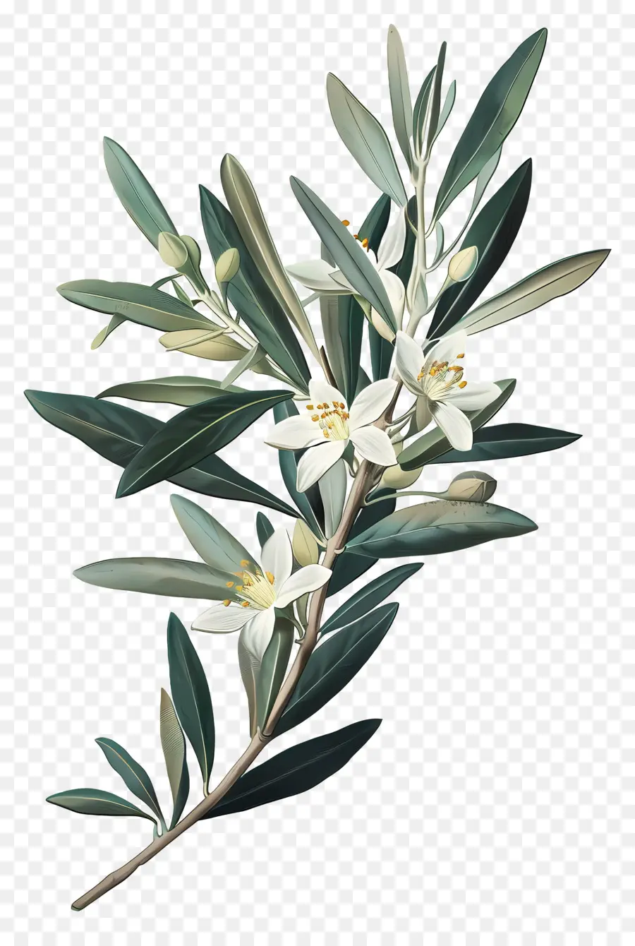 Ramo De Oliveira，Folhas Verdes Com Flores Brancas PNG