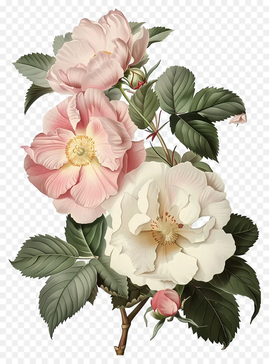 Flores Vintage，Peônias Brancas E Rosa PNG