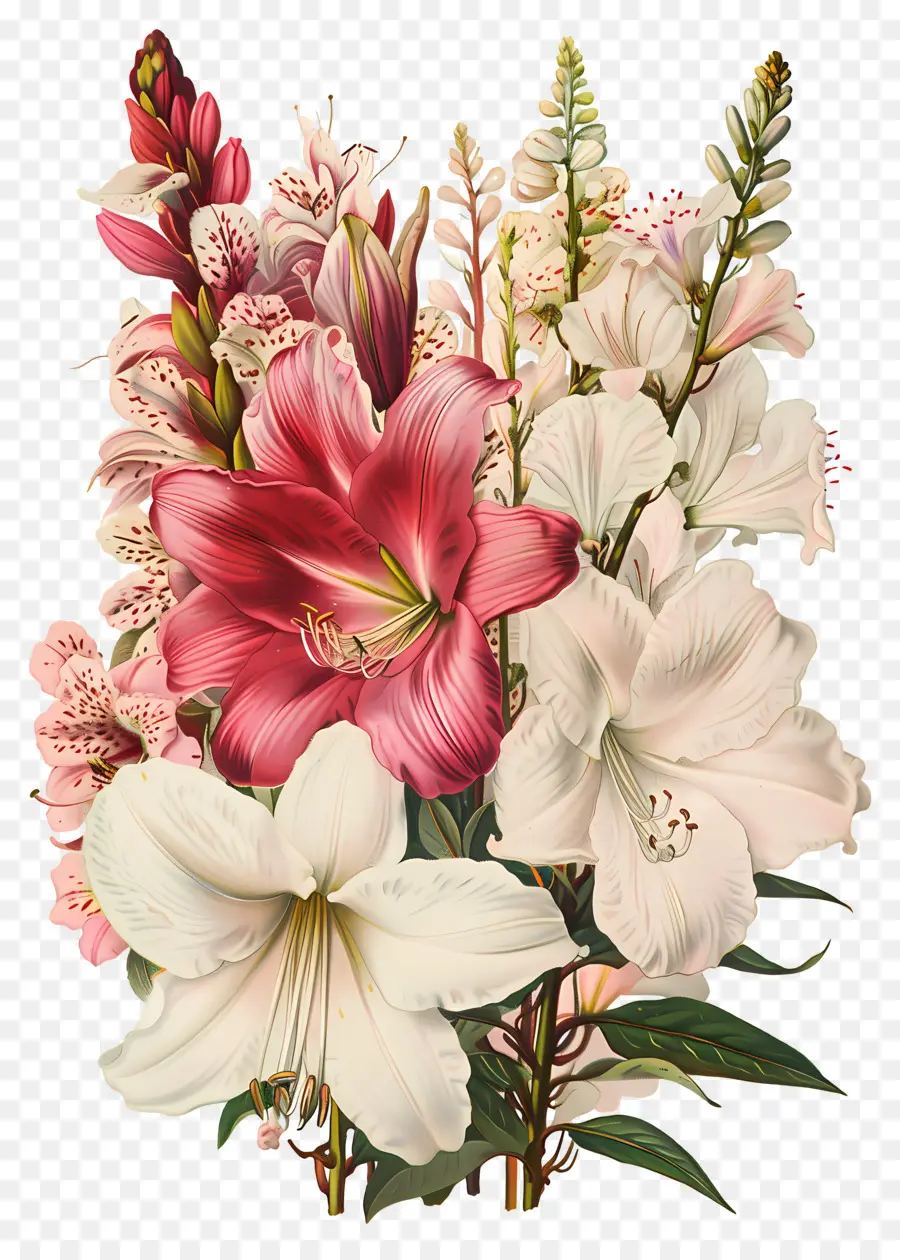 Flores Vintage，Lírios Brancos E Vermelhos PNG