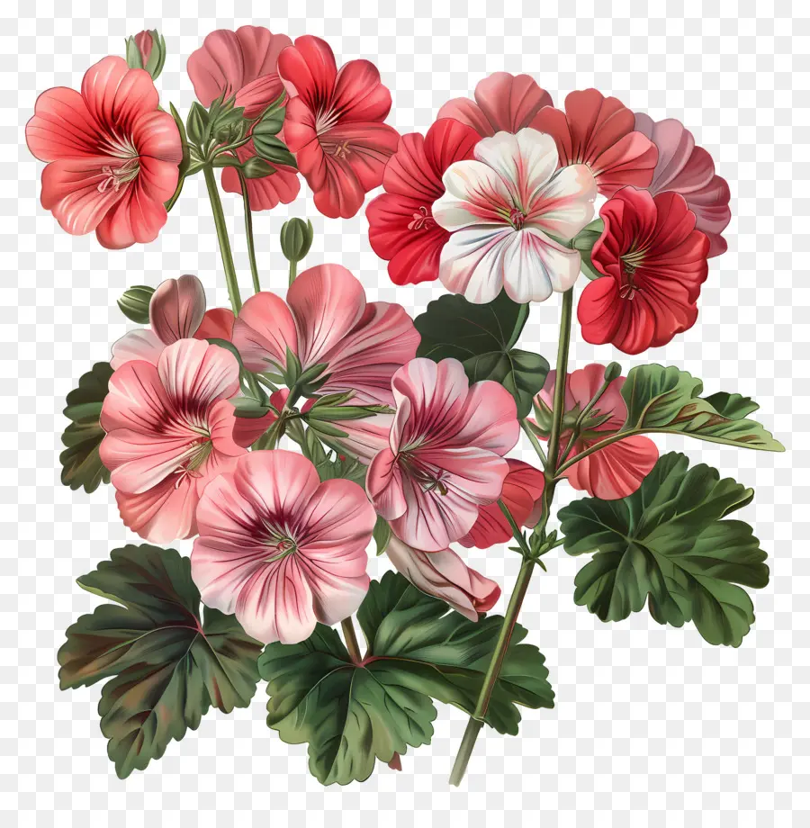 Flores Vintage，Gerânios Vermelhos E Rosa PNG