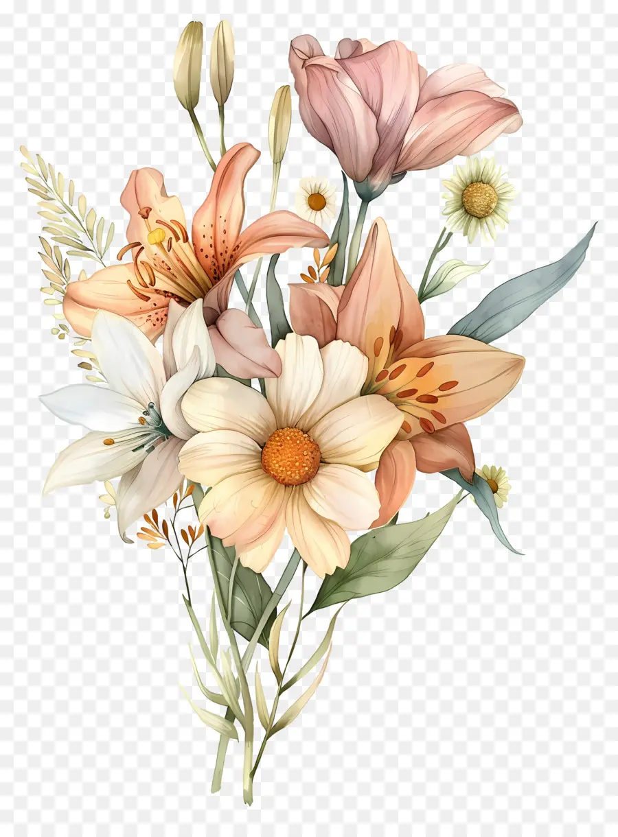 Flores Em Aquarela，Flores Amarelas E Brancas PNG