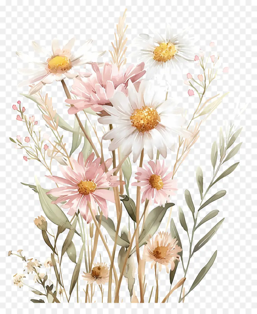 Flores Em Aquarela，Flores Amarelas E Brancas PNG