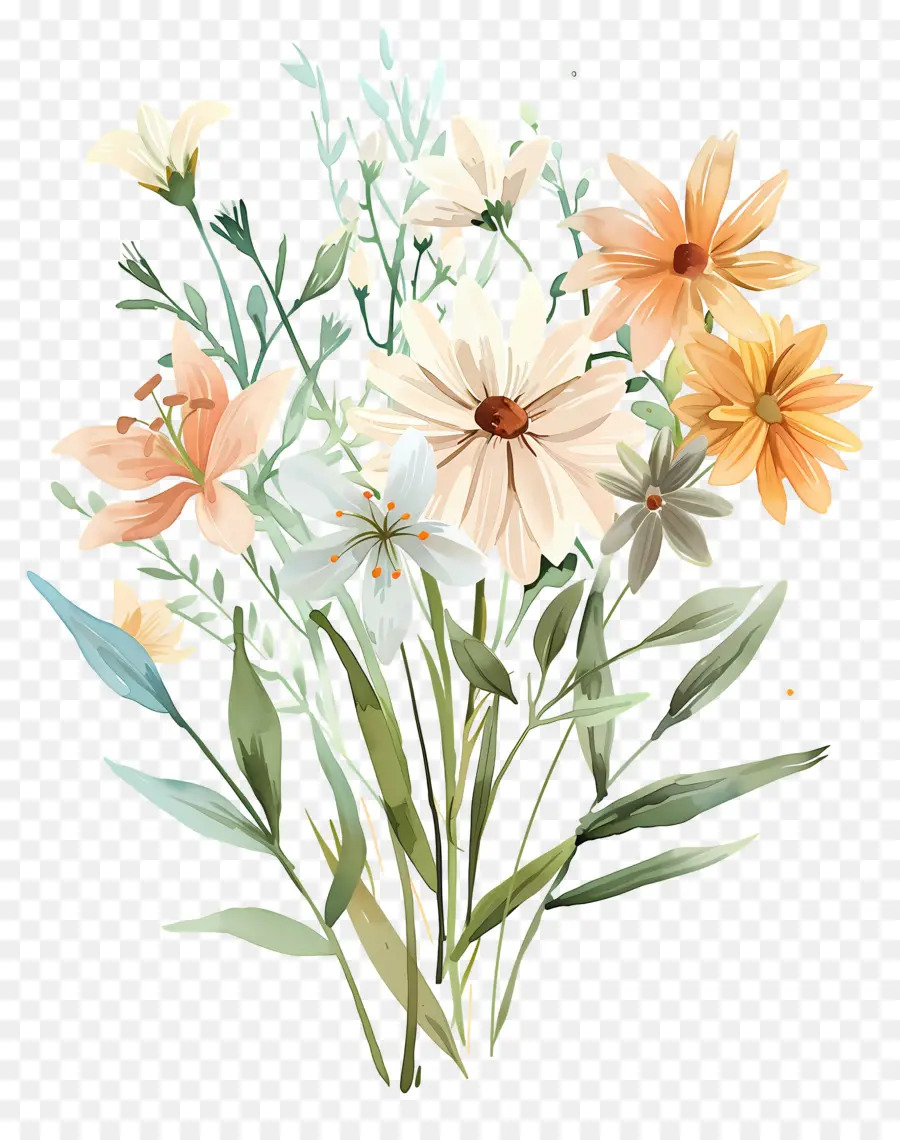 Flores Em Aquarela，Flores Amarelas E Brancas PNG