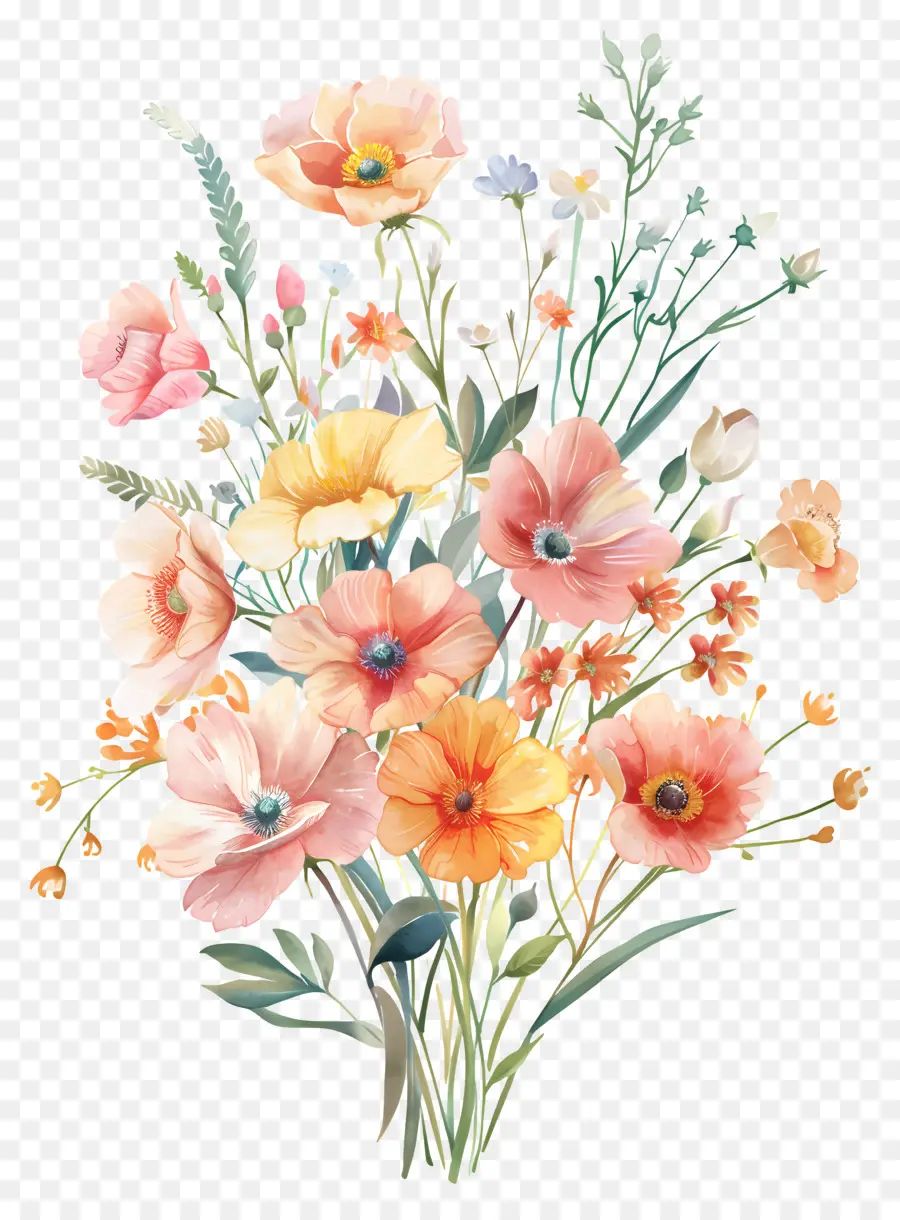 Flores Em Aquarela，Flores Amarelas E Brancas PNG