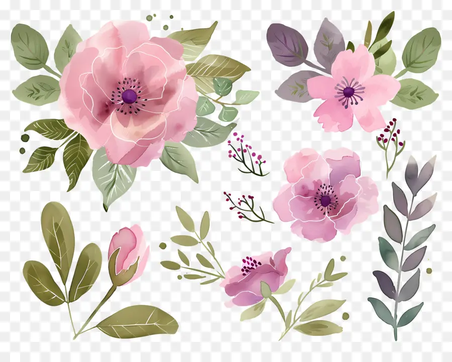 Flores Em Aquarela，Flores Rosa E Verde PNG