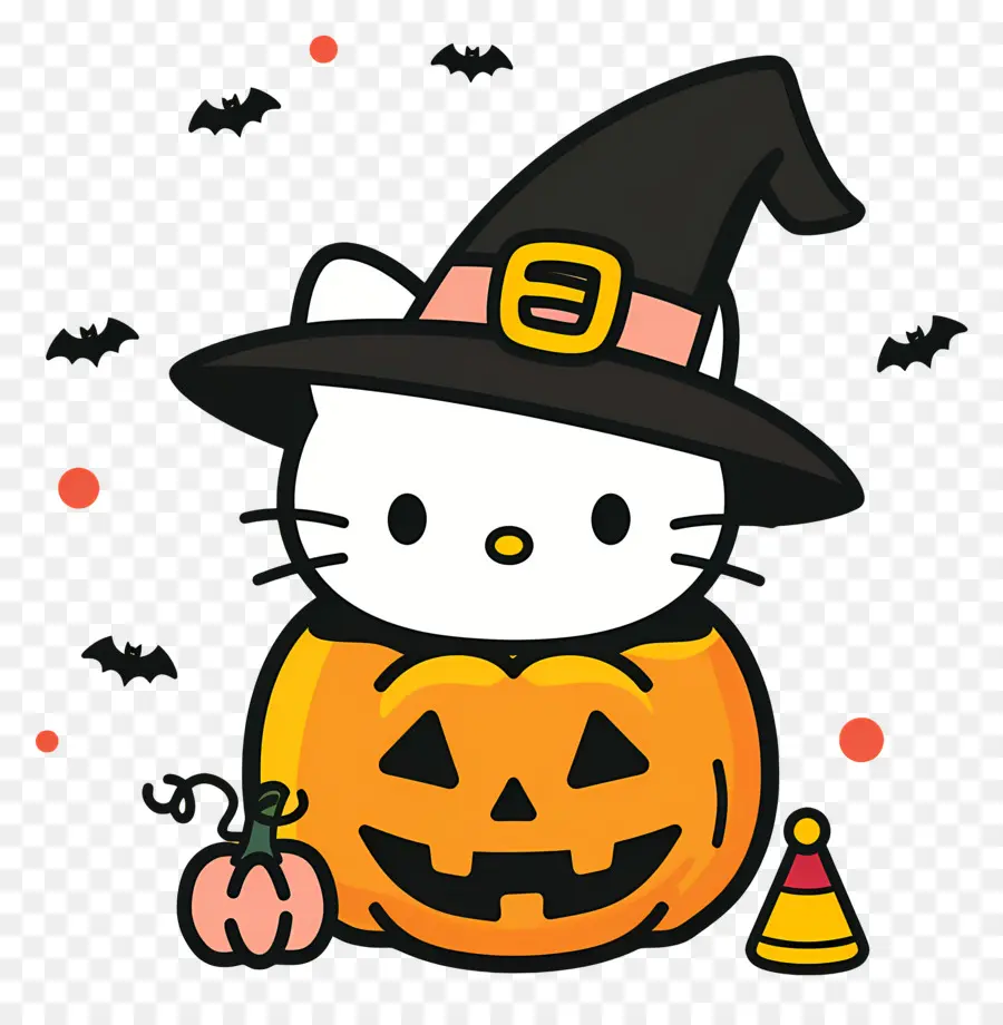 Olá Kitty Halloween，Gato Com Chapéu De Bruxa PNG