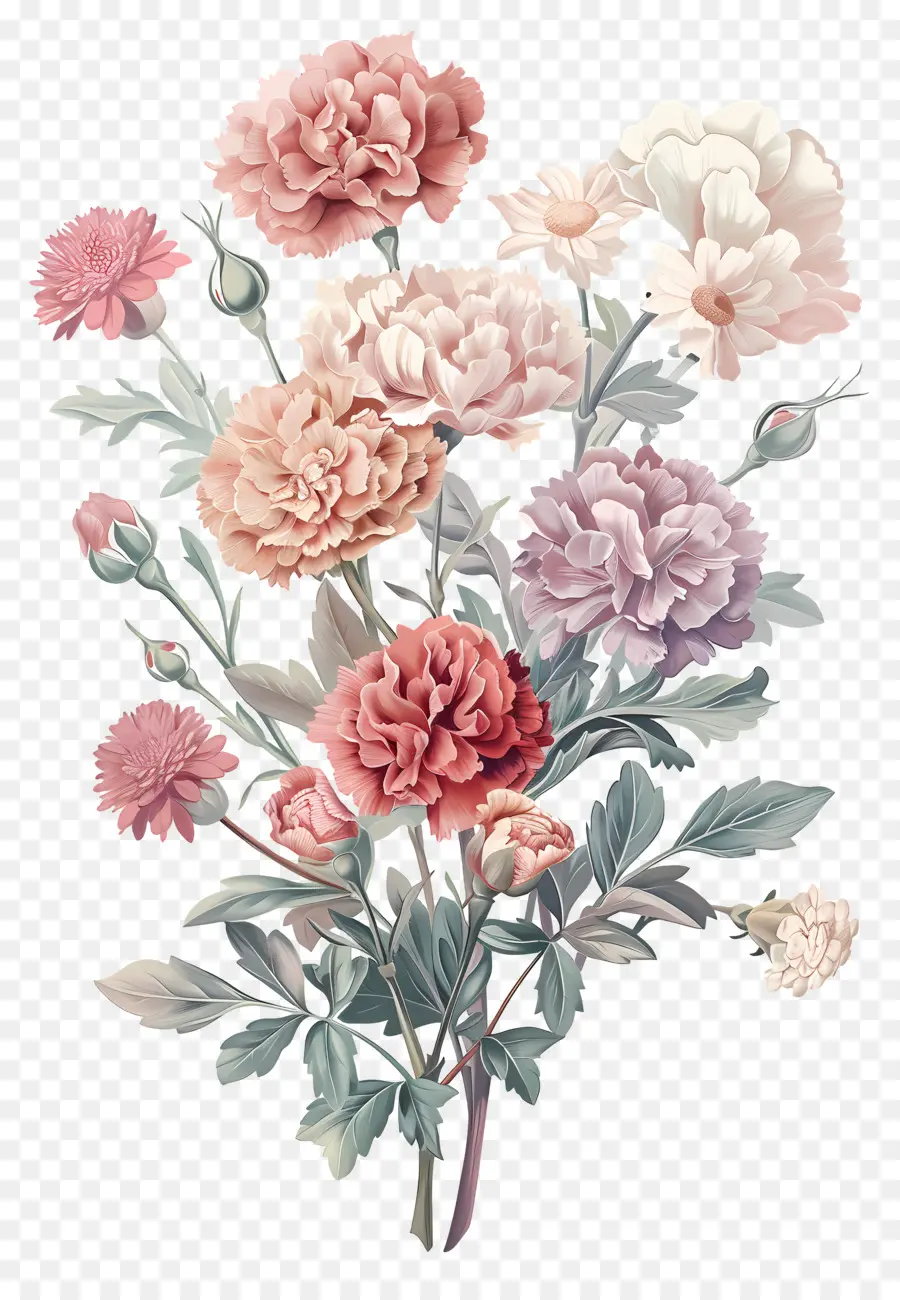 Flores Vintage，Cravos Coloridos PNG