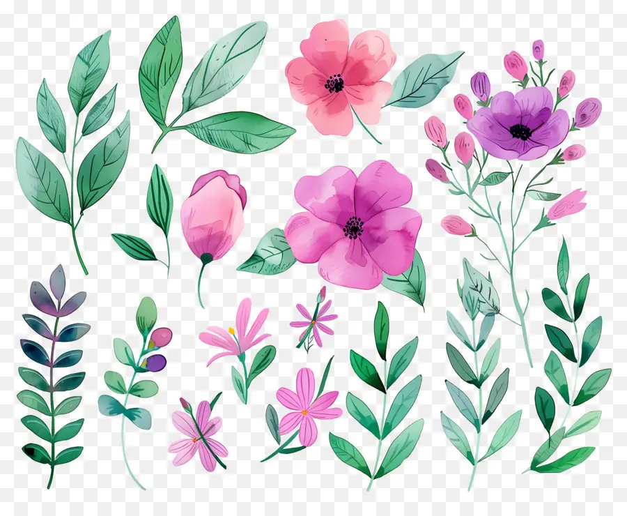 Flores Em Aquarela，Flores Rosa E Verde PNG