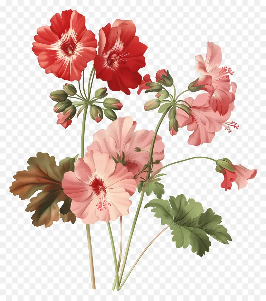 Flores Vintage，Gerânios Vermelhos E Rosa PNG