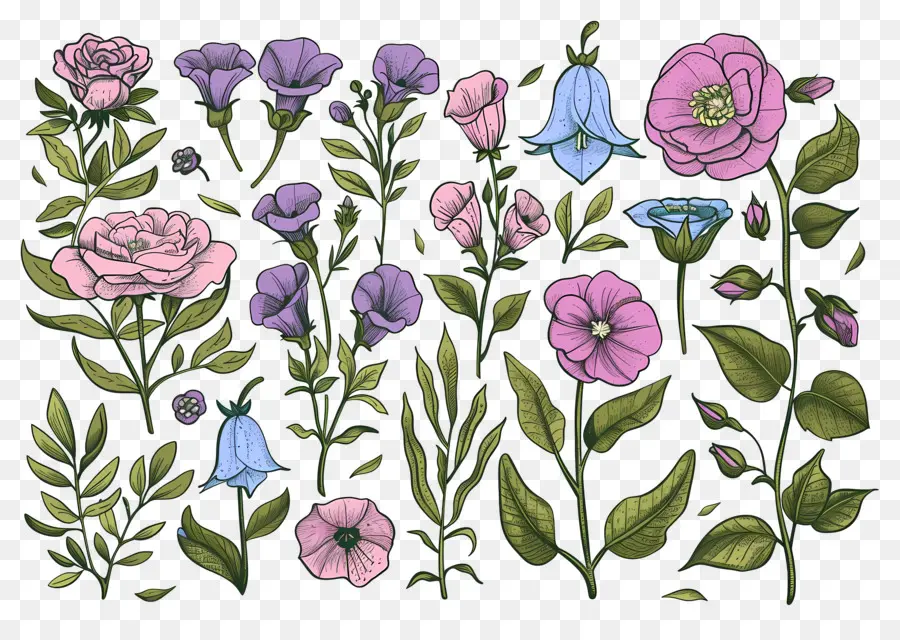 Flores Brilhantes，Ilustração Botânica PNG