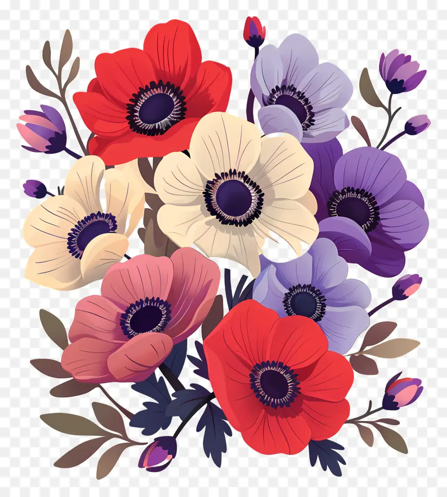 Flores Vintage，Anêmonas Coloridas PNG