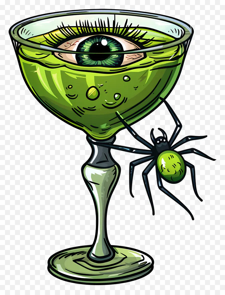 Bebida De Halloween，Bebida Verde Com Aranha E Globo Ocular PNG