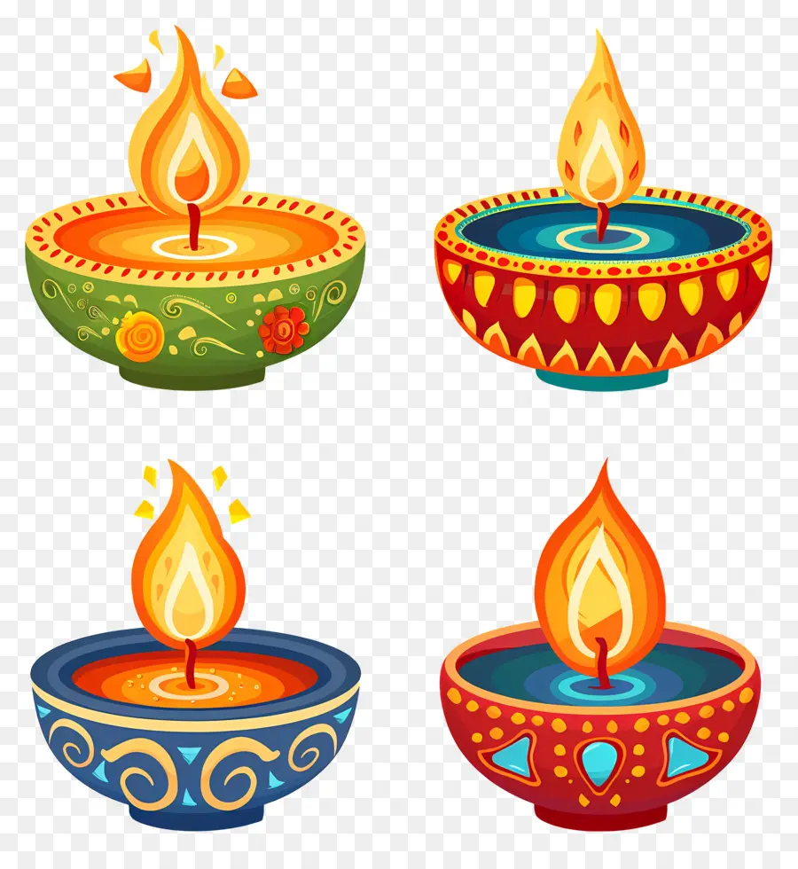 Vela Diwali，Diyas Coloridas PNG