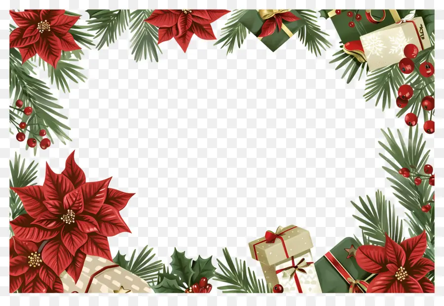 Fundo De Natal，Moldura De Natal Com Presentes E Poinsétias PNG