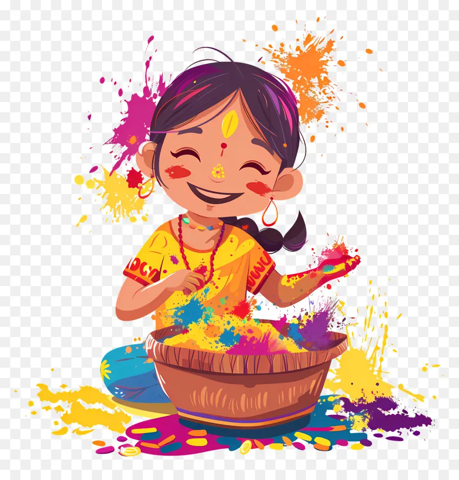 Fundo Holi，Menina Dos Desenhos Animados Com Pó PNG