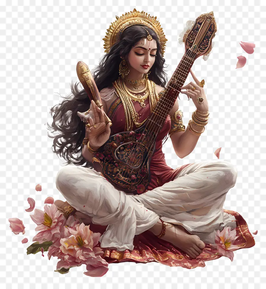 Saraswati，Deusa Com Veena PNG