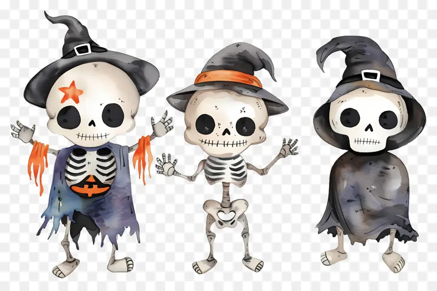 Esqueletos De Halloween，Esqueletos Com Chapéus De Bruxa PNG