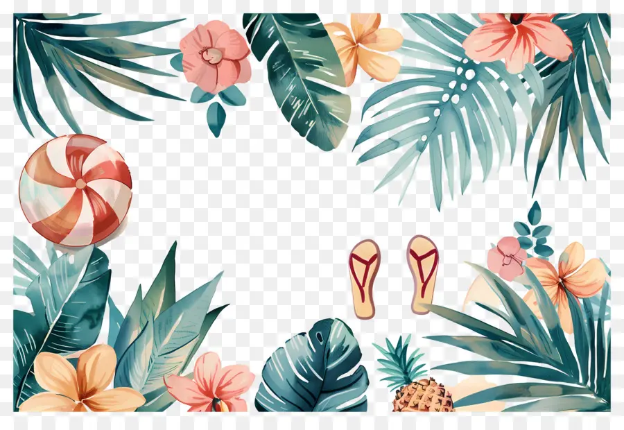 Fundo De Verão，Folhas E Flores Tropicais PNG