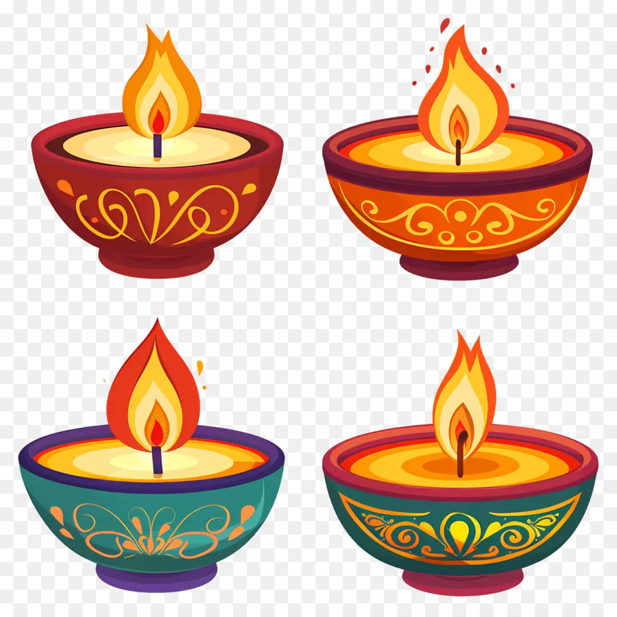 Vela Diwali，Diyas Coloridas PNG