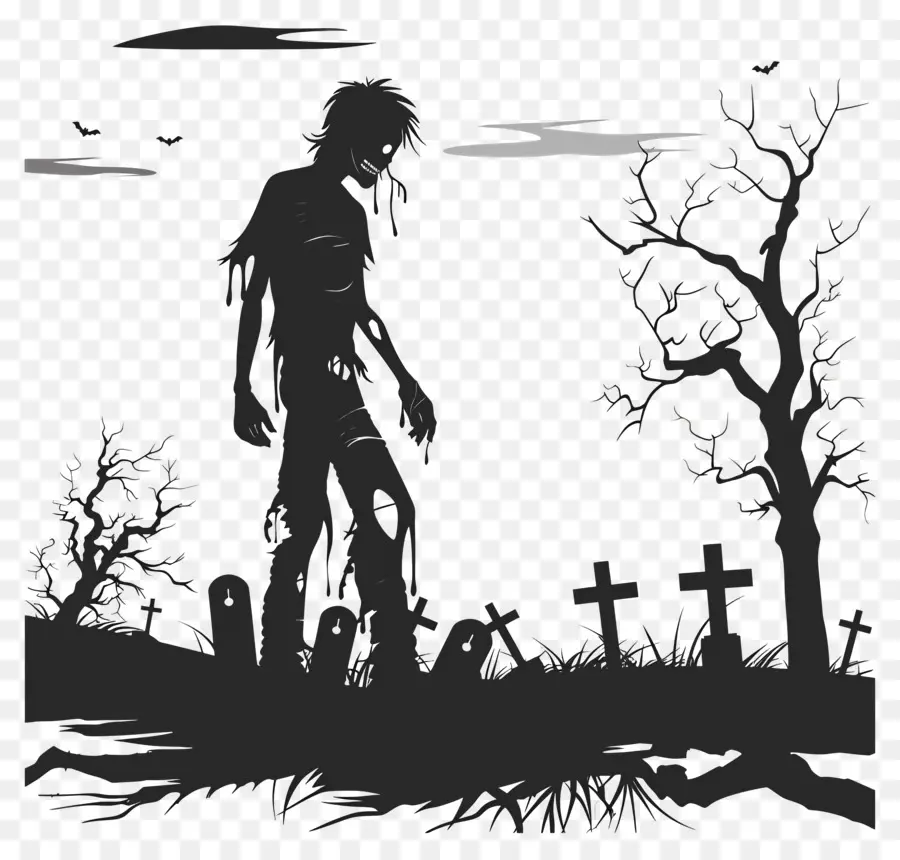 Silhueta De Halloween，Zumbi No Cemitério PNG