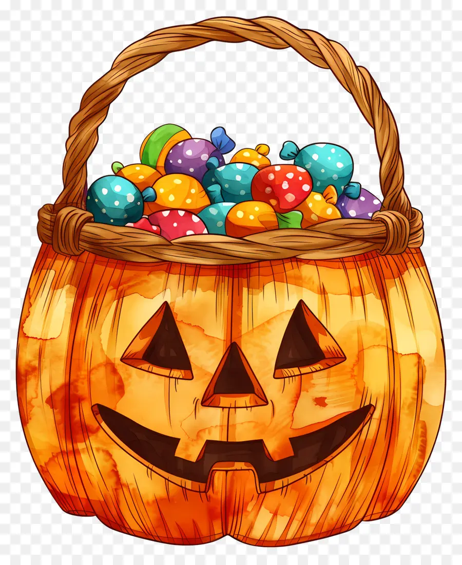 Cesta De Halloween，Abóbora Com Doces PNG