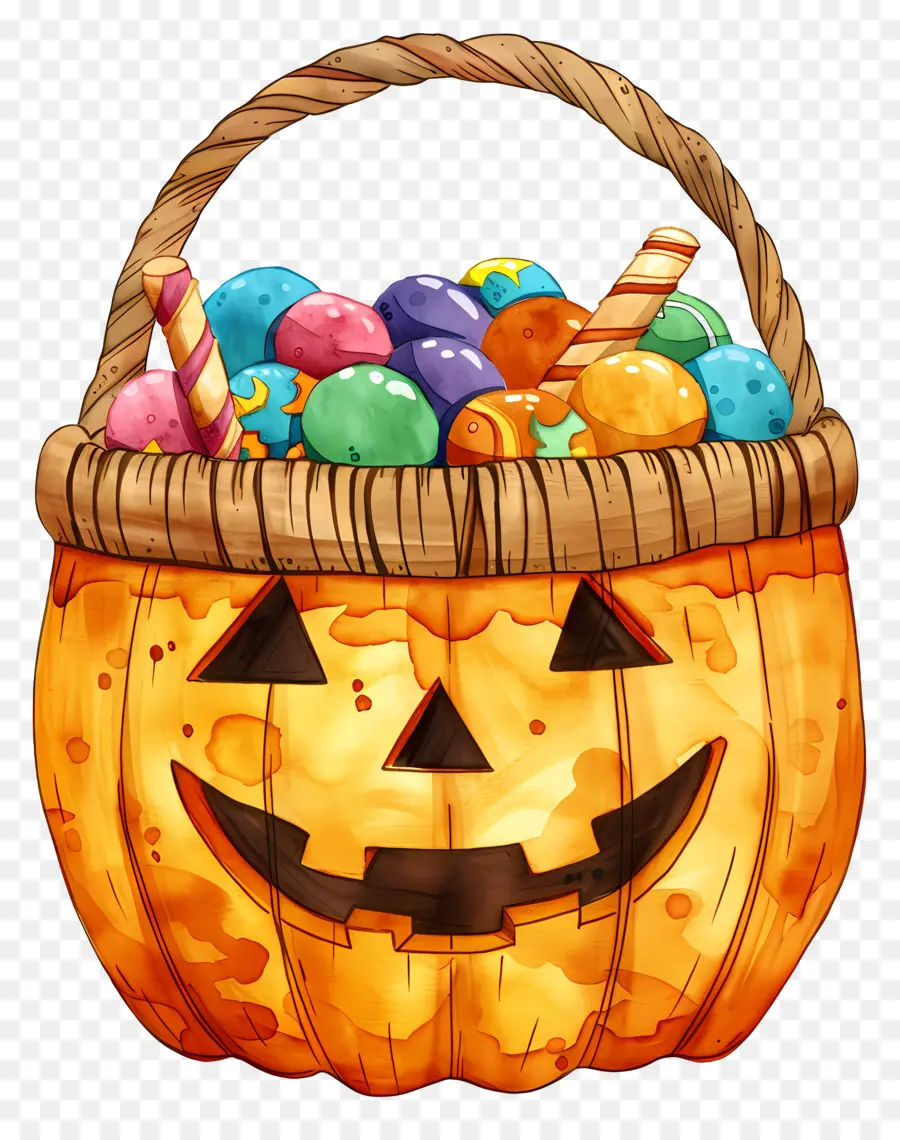 Cesta De Halloween，Abóbora Com Doces PNG