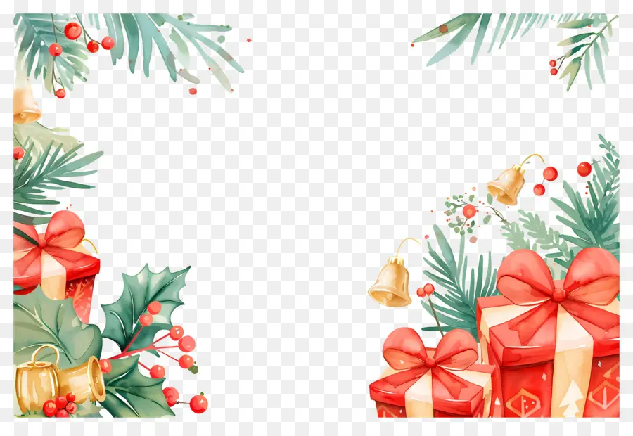 Fundo De Natal，Moldura De Natal Com Presentes E Poinsétias PNG