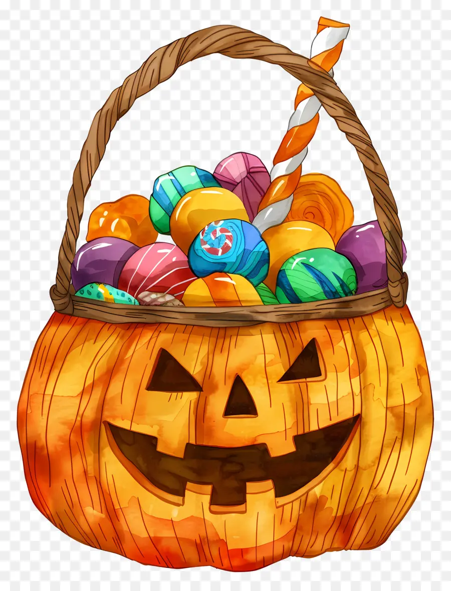 Cesta De Halloween，Abóbora Com Doces PNG