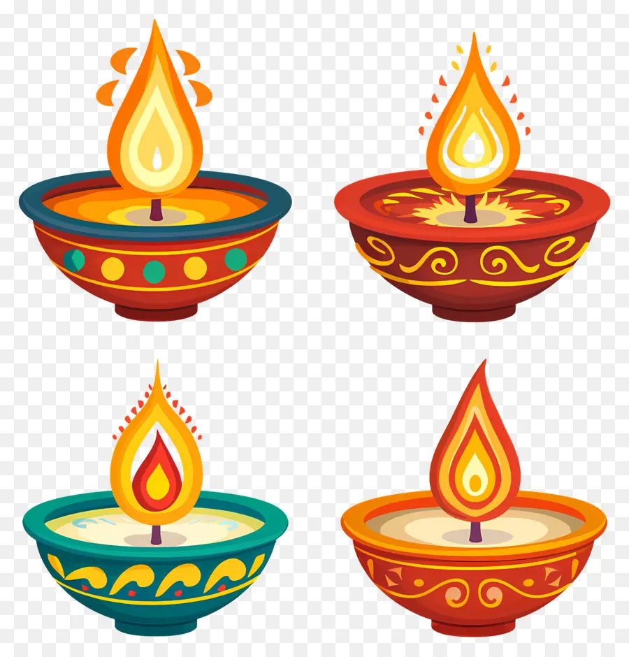 Vela Diwali，Diyas Coloridas PNG