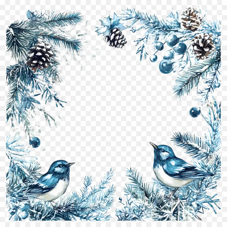 Moldura De Natal Azul，Aves De Inverno PNG