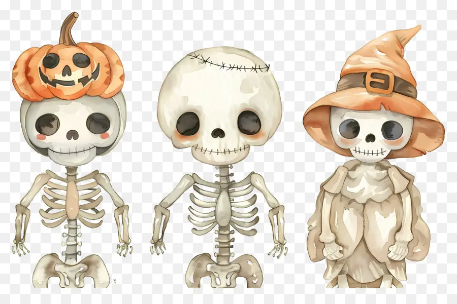 Esqueletos De Halloween，Esqueletos Com Chapéus De Bruxa PNG