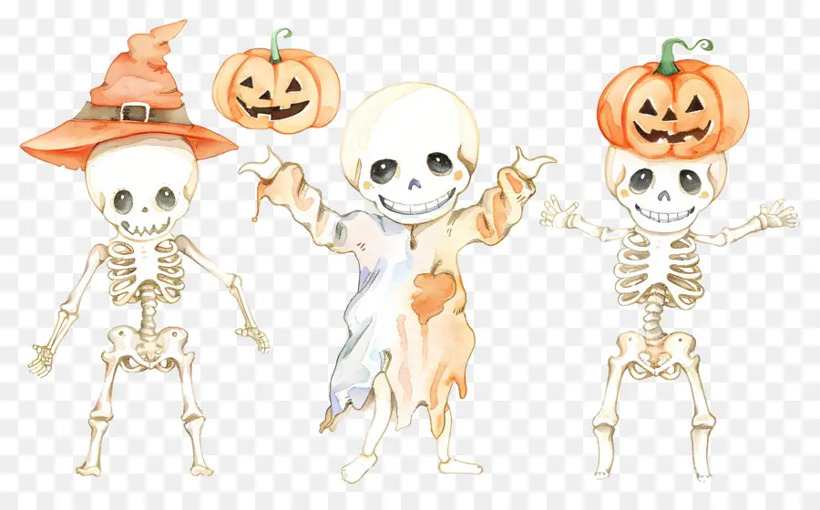 Esqueletos De Halloween，Esqueletos Com Abóboras PNG