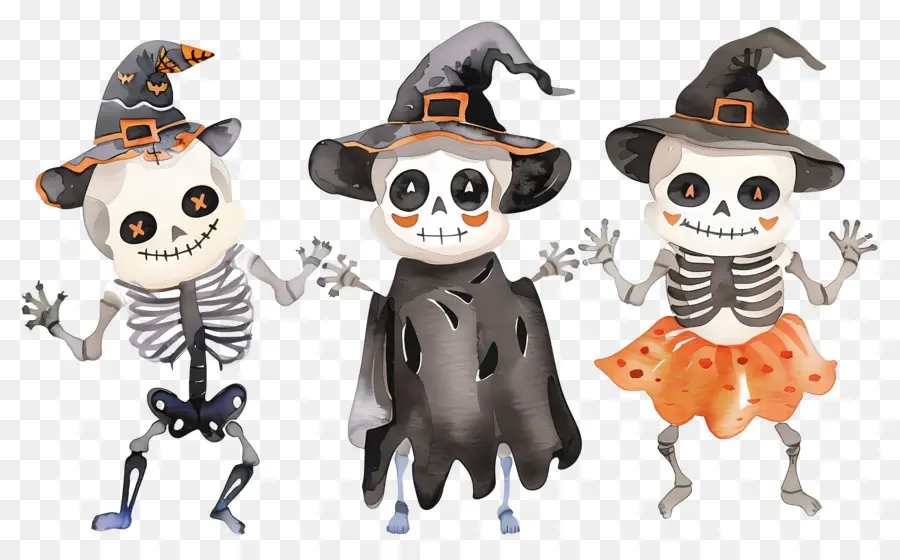 Esqueletos De Halloween，Esqueletos Com Chapéus De Bruxa PNG