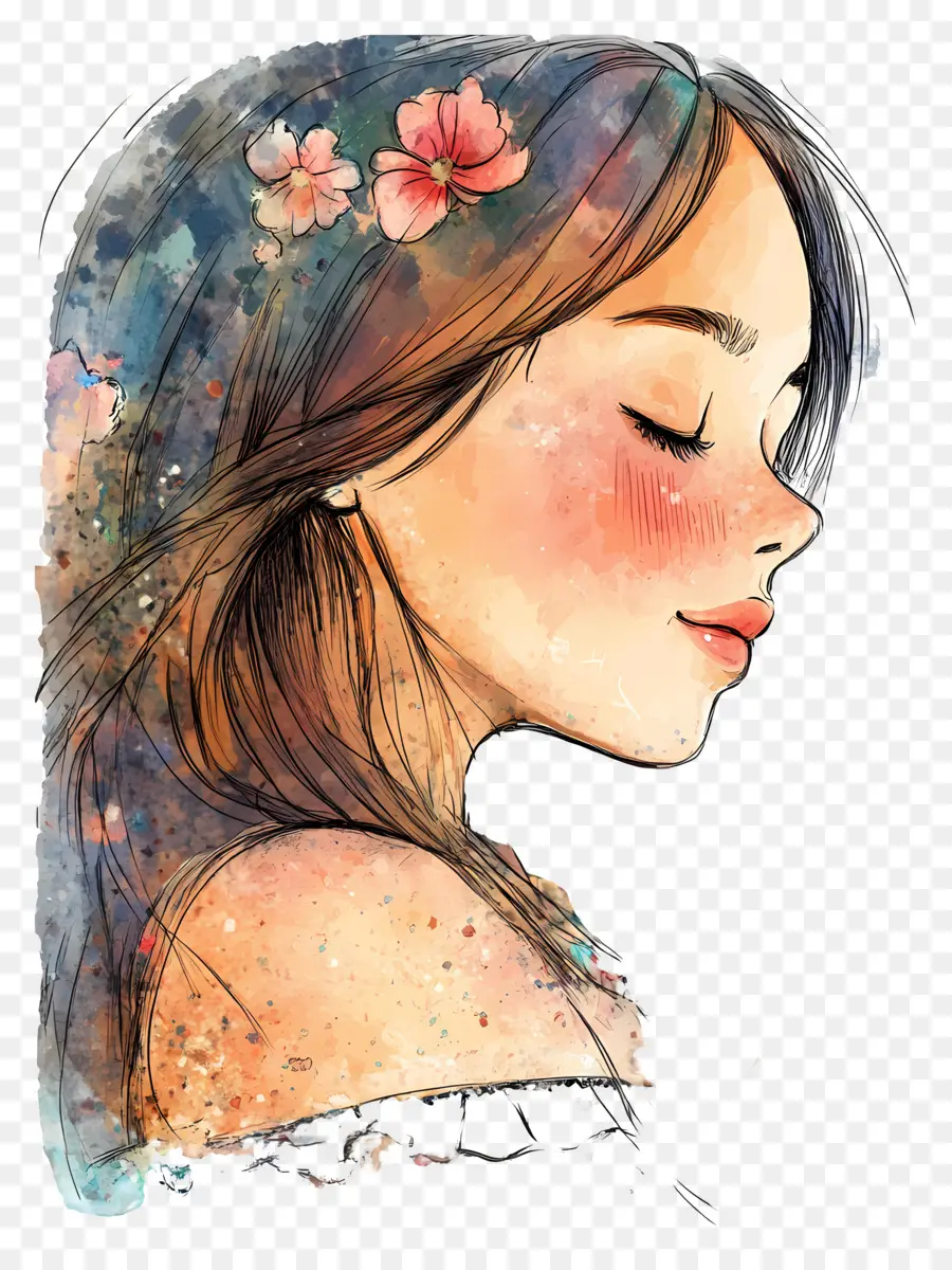 Garota Linda，Mulher Aquarela Com Flores PNG