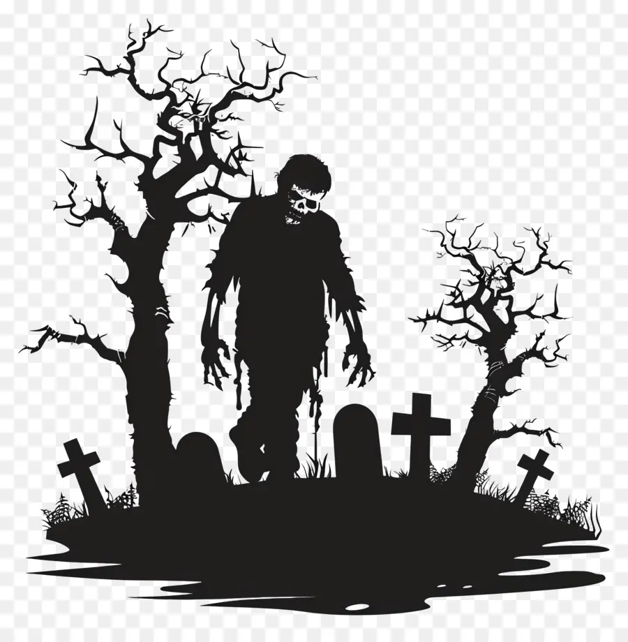 Silhueta De Halloween，Zumbi No Cemitério PNG